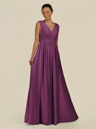 KissDress-Daryel Fig A Line Chiffon V Neck Pleated Long Bridesmaid Dress