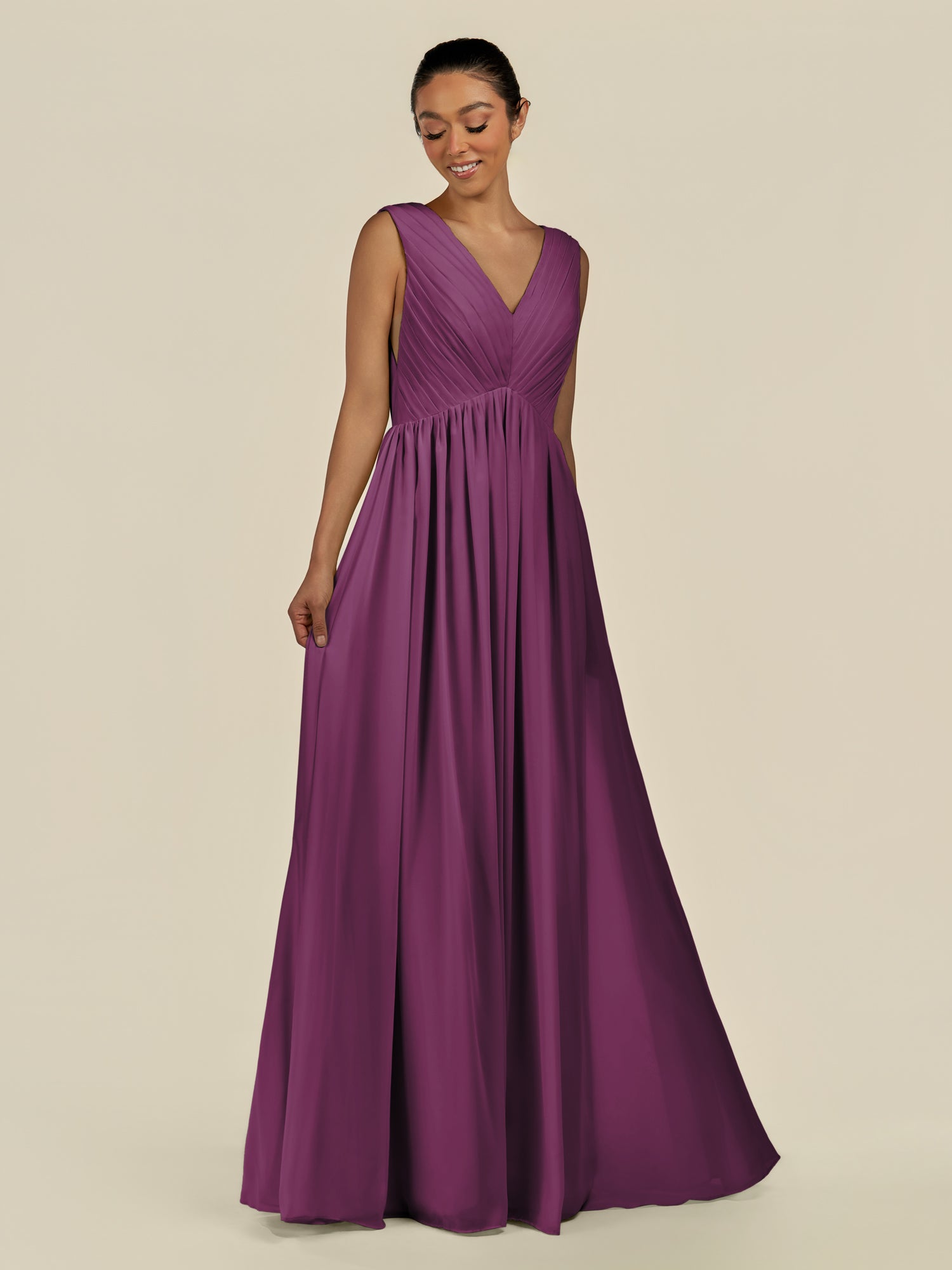KissDress-Daryel Fig A Line Chiffon V Neck Pleated Long Bridesmaid Dress