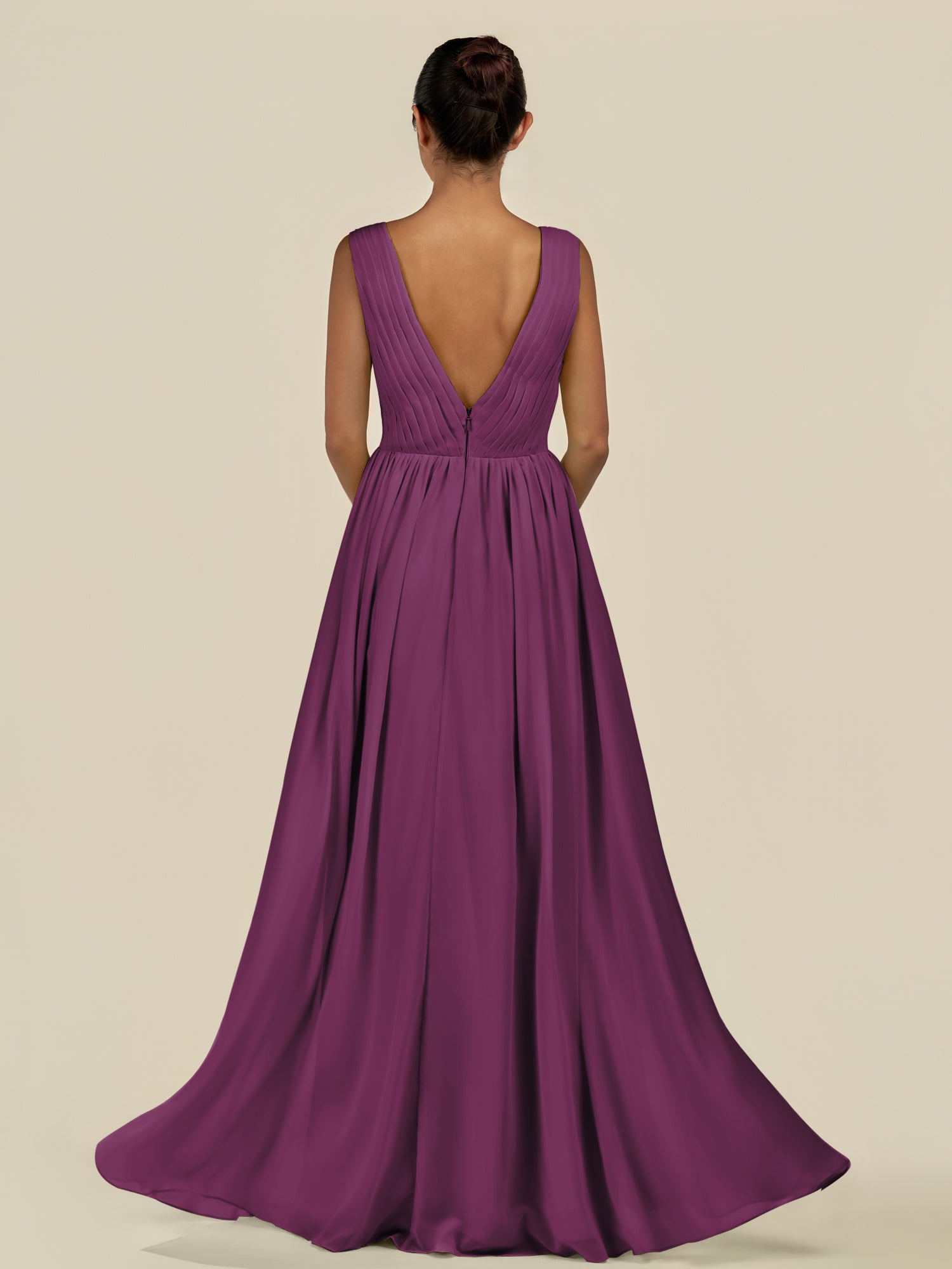KissDress-Daryel Fig A Line Chiffon V Neck Pleated Long Bridesmaid Dress