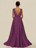 KissDress-Daryel Fig A Line Chiffon V Neck Pleated Long Bridesmaid Dress