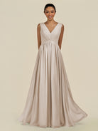 KissDress-Daryel Frost A Line Chiffon V Neck Pleated Long Bridesmaid Dress