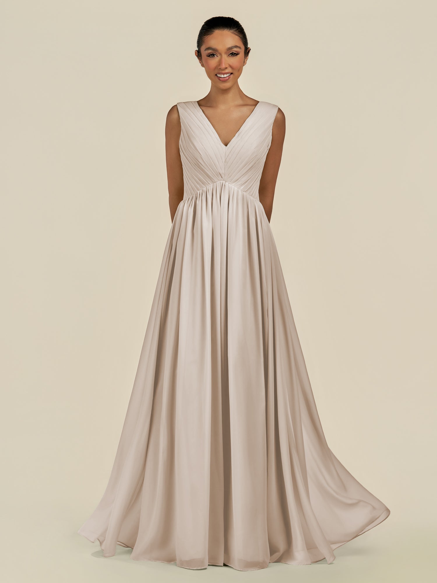 KissDress-Daryel Frost A Line Chiffon V Neck Pleated Long Bridesmaid Dress