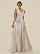 KissDress-Daryel Frost A Line Chiffon V Neck Pleated Long Bridesmaid Dress