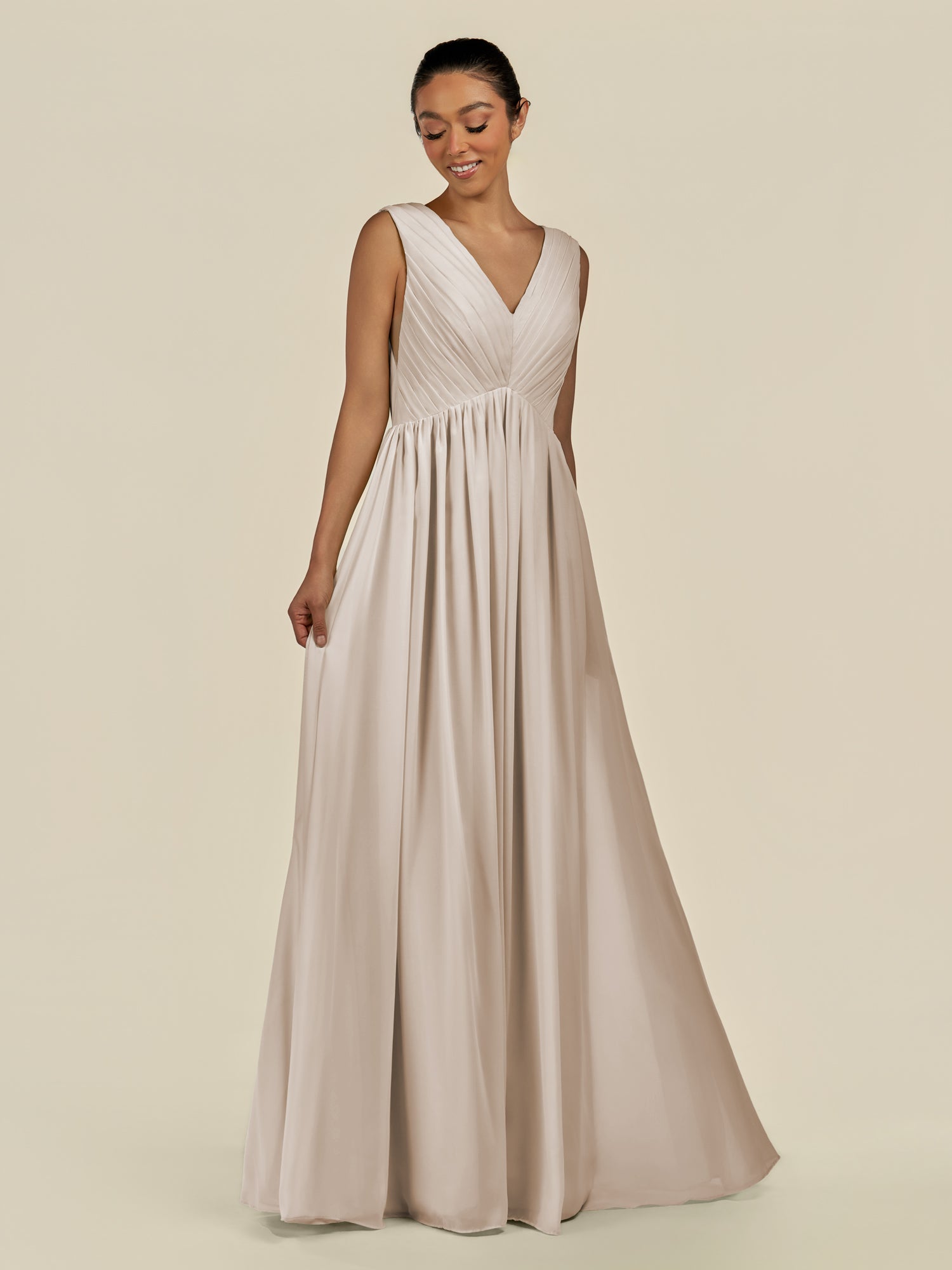 KissDress-Daryel Frost A Line Chiffon V Neck Pleated Long Bridesmaid Dress