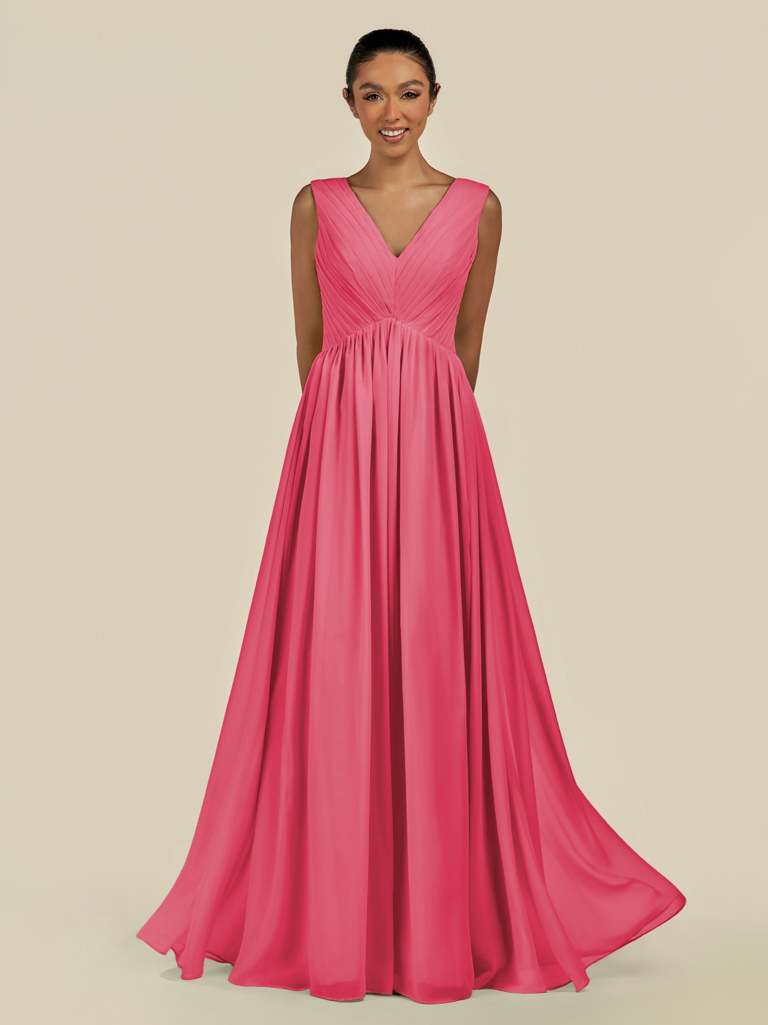 KissDress-Daryel Fuchsia A Line Chiffon V Neck Pleated Long Bridesmaid Dress