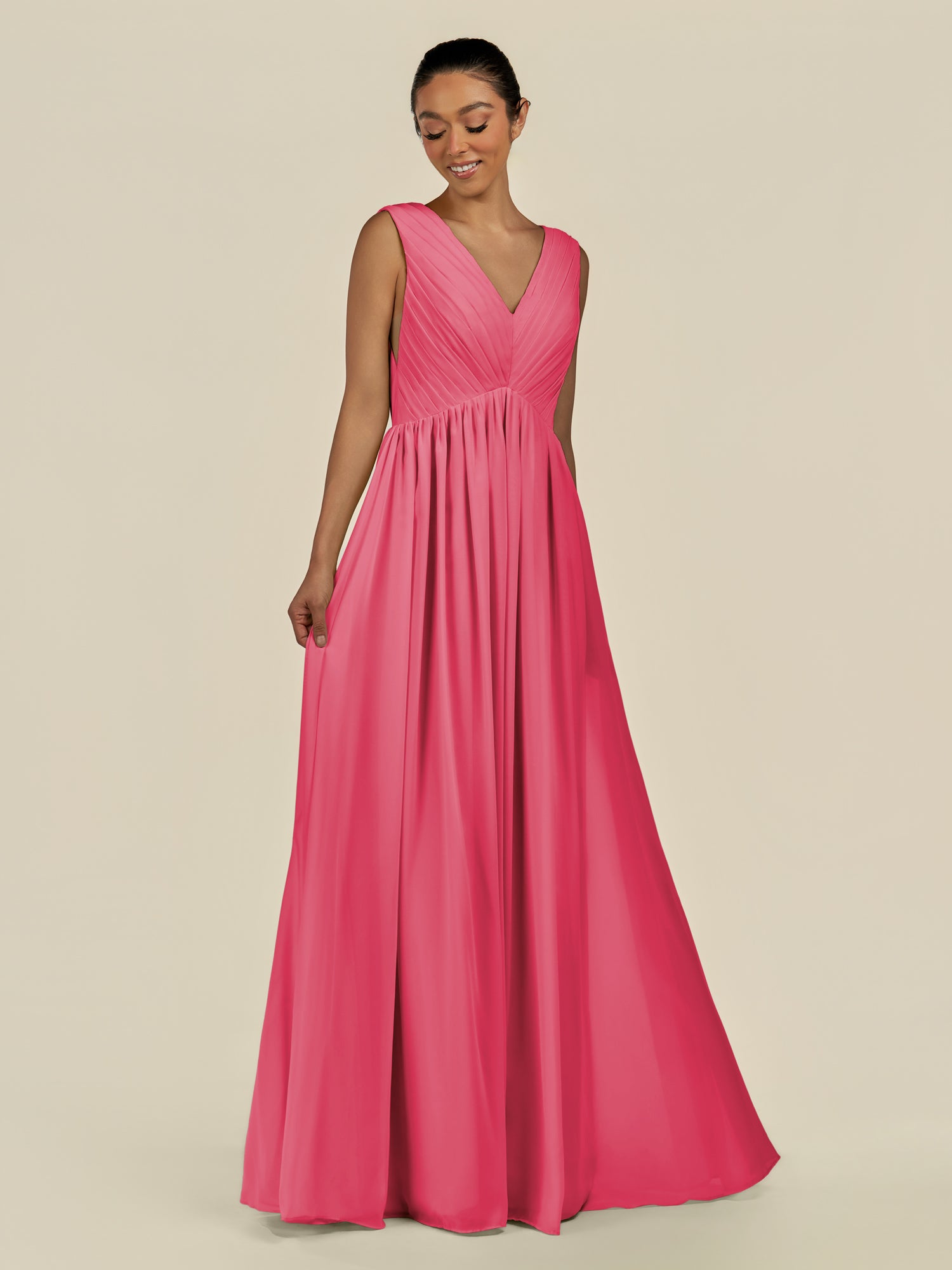 KissDress-Daryel Fuchsia A Line Chiffon V Neck Pleated Long Bridesmaid Dress