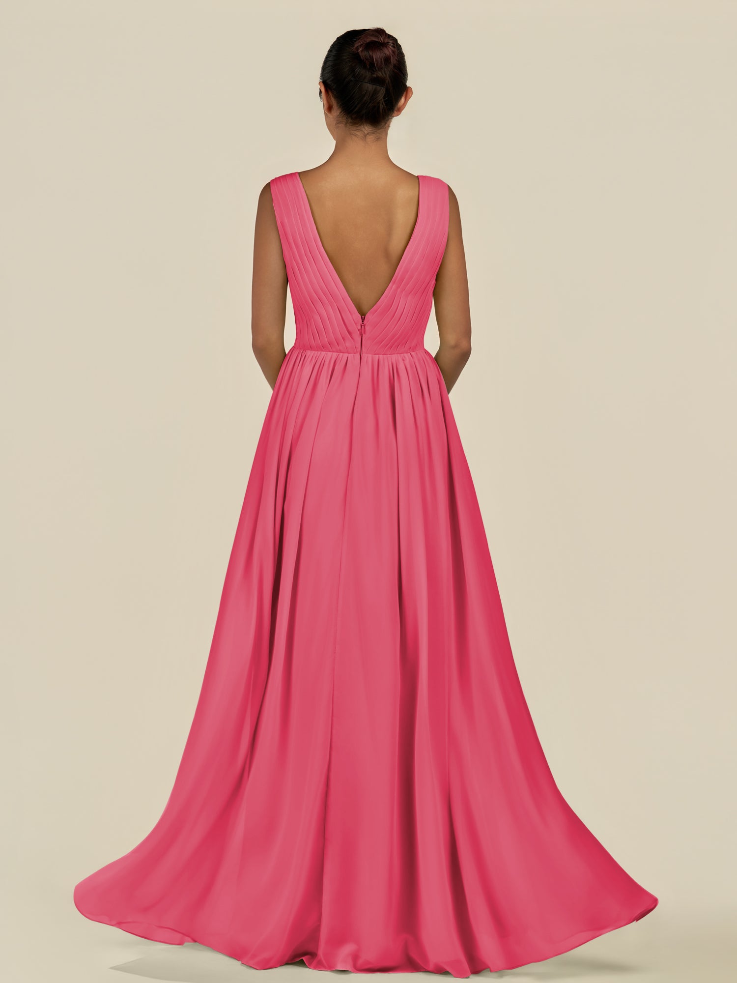KissDress-Daryel Fuchsia A Line Chiffon V Neck Pleated Long Bridesmaid Dress