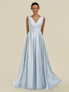 KissDress-Daryel Ice A Line Chiffon V Neck Pleated Long Bridesmaid Dress