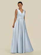 KissDress-Daryel Ice A Line Chiffon V Neck Pleated Long Bridesmaid Dress