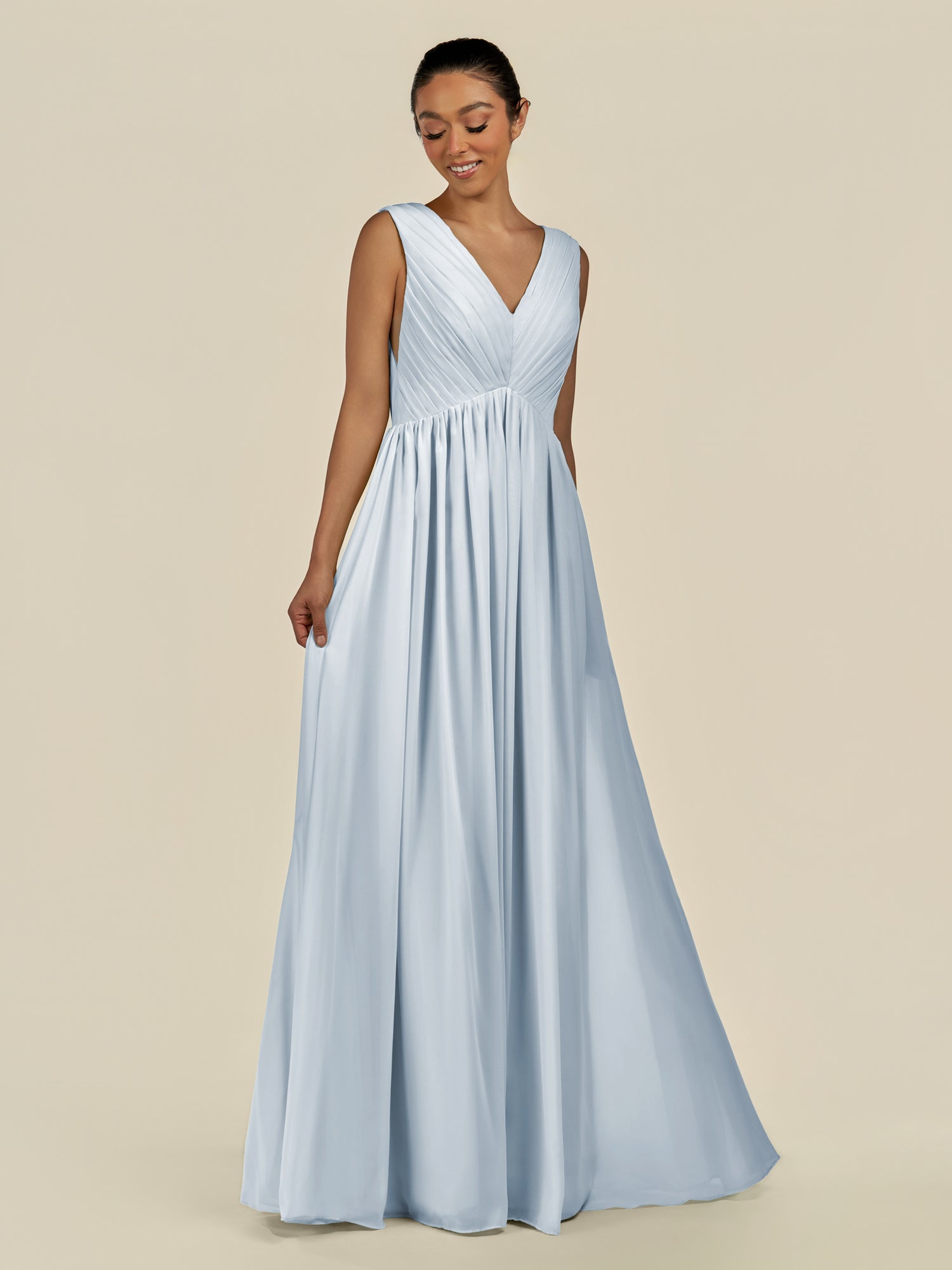 KissDress-Daryel Ice A Line Chiffon V Neck Pleated Long Bridesmaid Dress