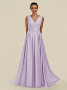 KissDress-Daryel Lavender A Line Chiffon V Neck Pleated Long Bridesmaid Dress