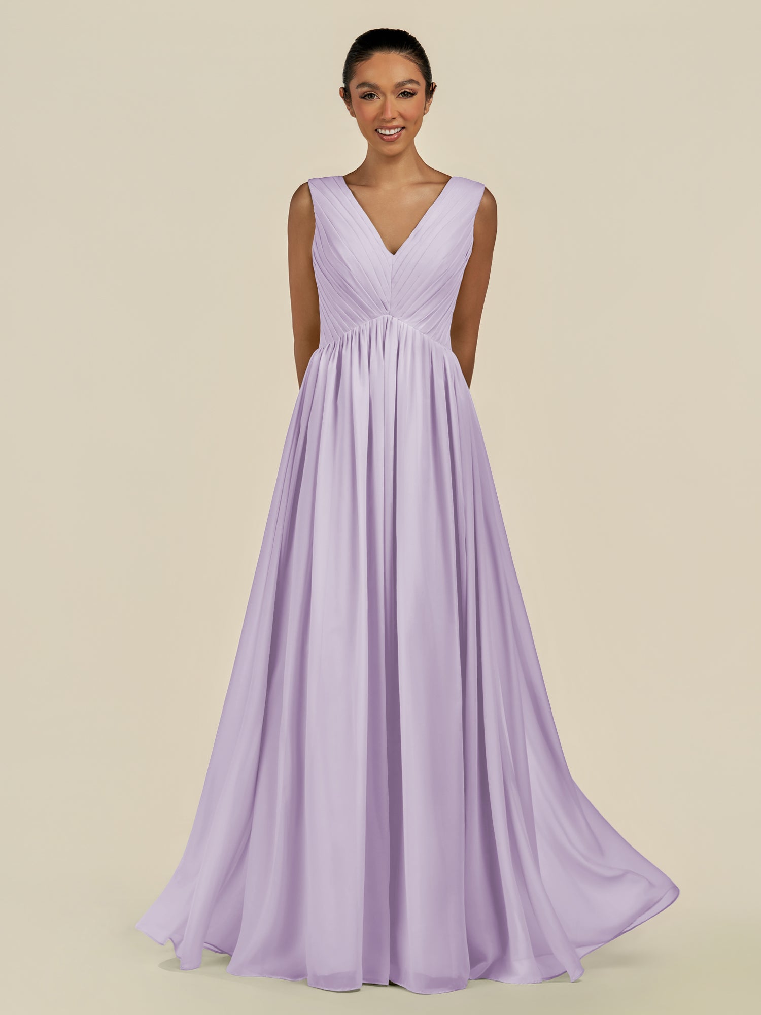 KissDress-Daryel Lavender A Line Chiffon V Neck Pleated Long Bridesmaid Dress