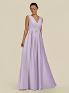 KissDress-Daryel Lavender A Line Chiffon V Neck Pleated Long Bridesmaid Dress
