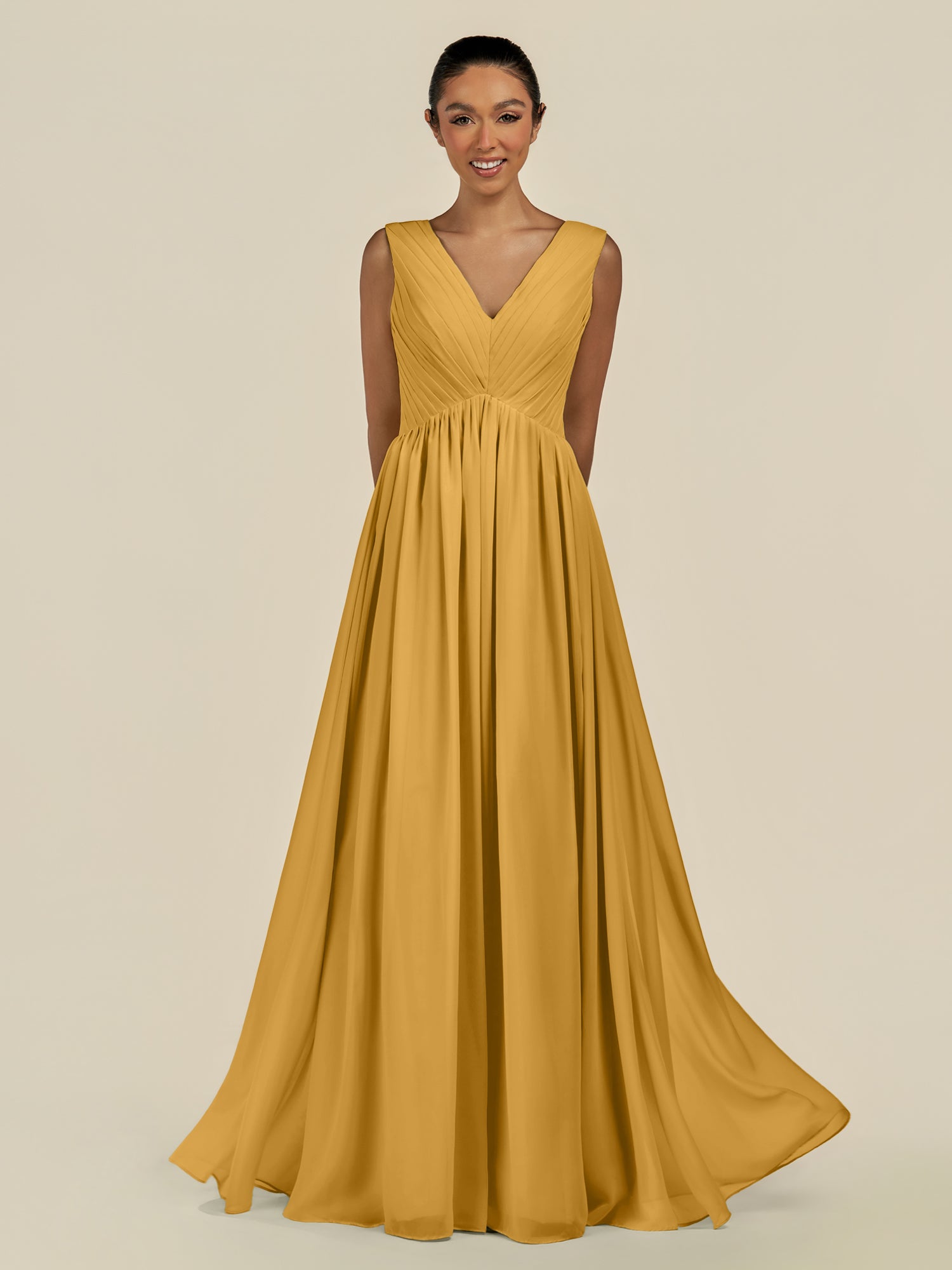 KissDress-Daryel Marigold A Line Chiffon V Neck Pleated Long Bridesmaid Dress