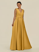 KissDress-Daryel Marigold A Line Chiffon V Neck Pleated Long Bridesmaid Dress