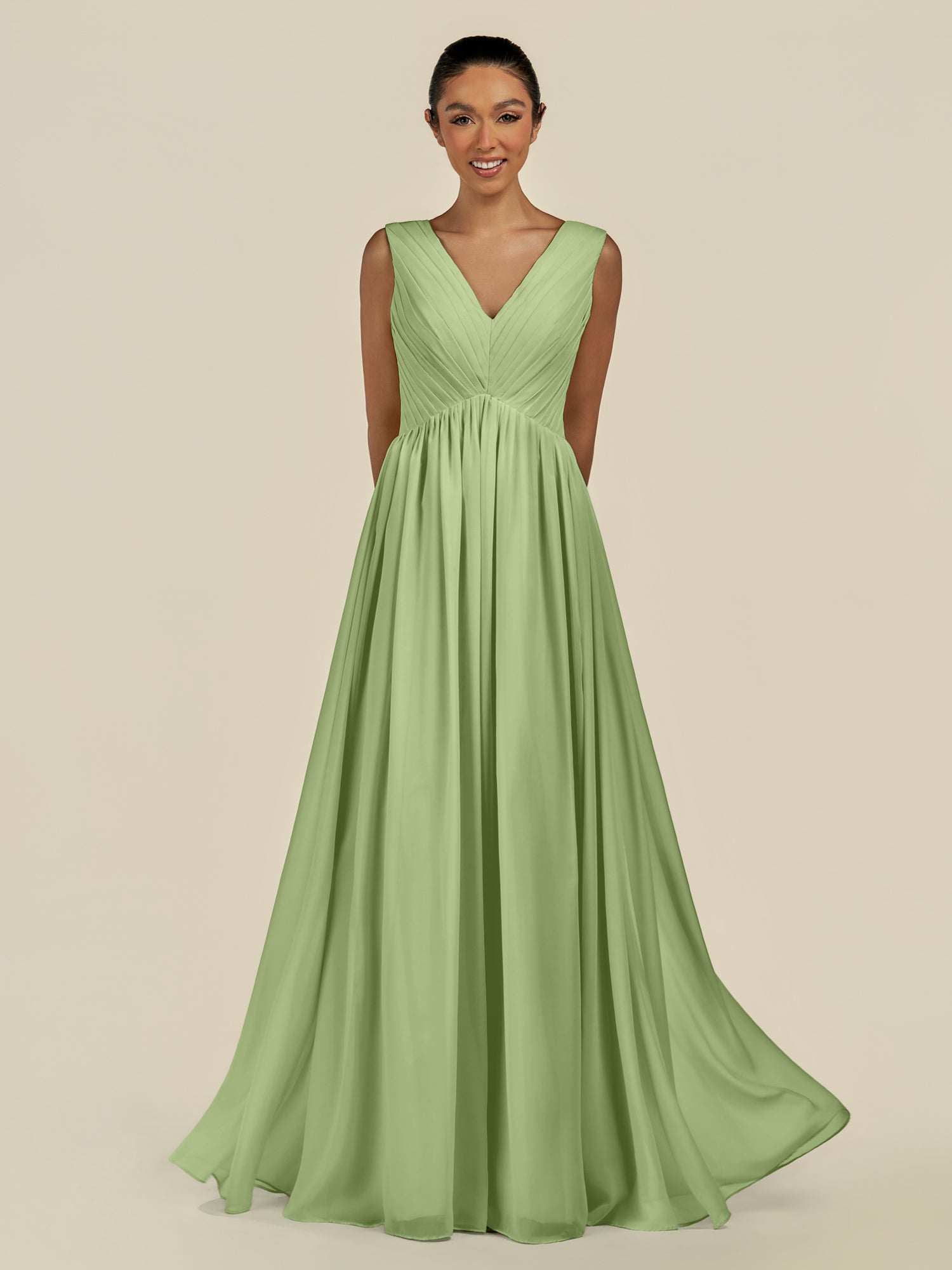 KissDress-Daryel Matcha A Line Chiffon V Neck Pleated Long Bridesmaid Dress
