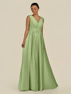 KissDress-Daryel Matcha A Line Chiffon V Neck Pleated Long Bridesmaid Dress