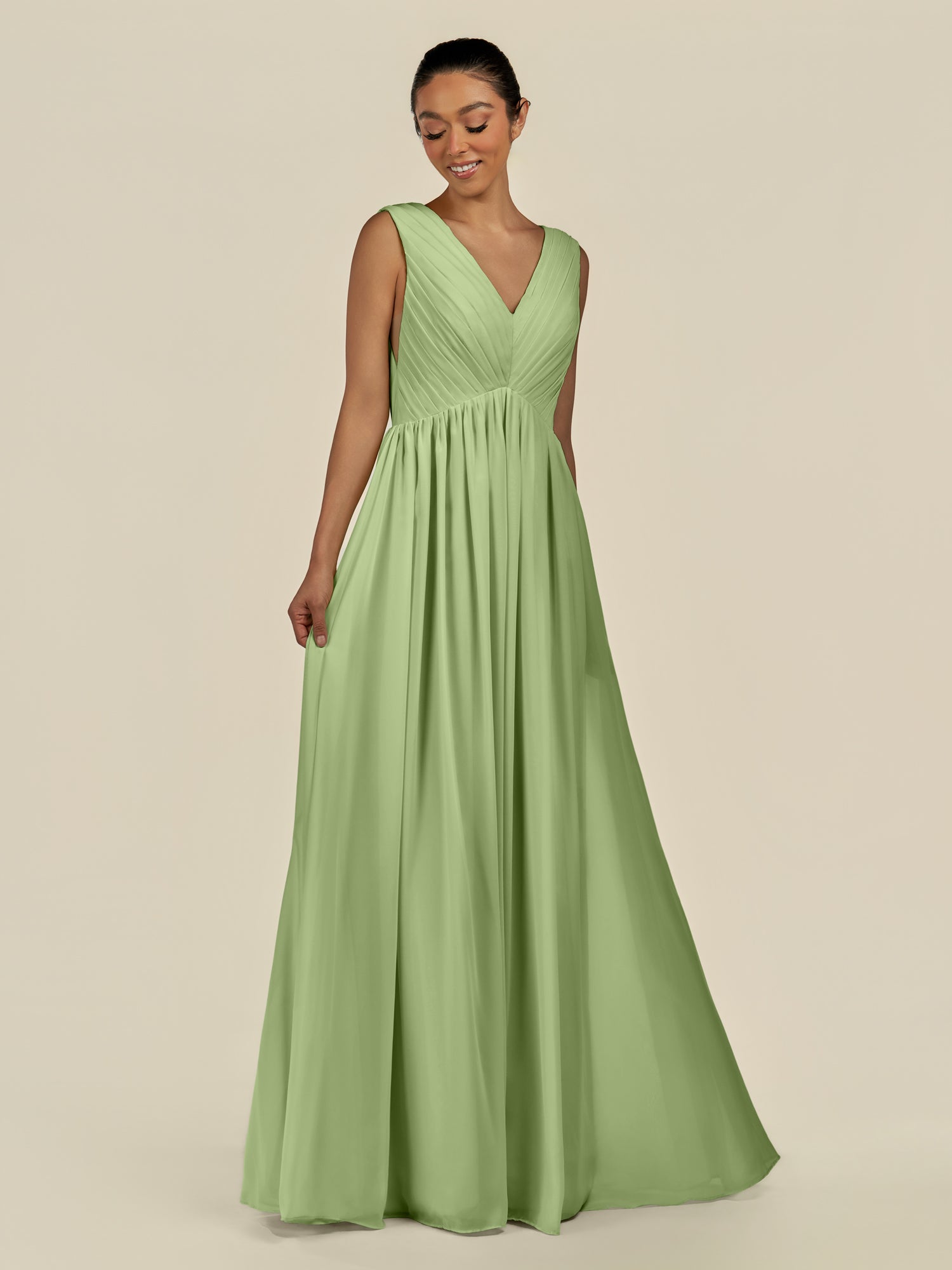 KissDress-Daryel Matcha A Line Chiffon V Neck Pleated Long Bridesmaid Dress