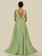 KissDress-Daryel Matcha A Line Chiffon V Neck Pleated Long Bridesmaid Dress