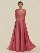 KissDress-Daryel Merlot A Line Chiffon V Neck Pleated Long Bridesmaid Dress