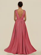 KissDress-Daryel Merlot A Line Chiffon V Neck Pleated Long Bridesmaid Dress