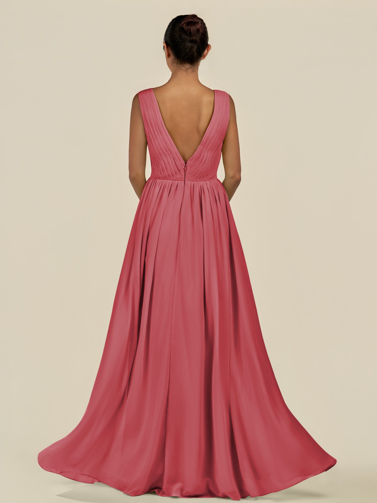 KissDress-Daryel Merlot A Line Chiffon V Neck Pleated Long Bridesmaid Dress