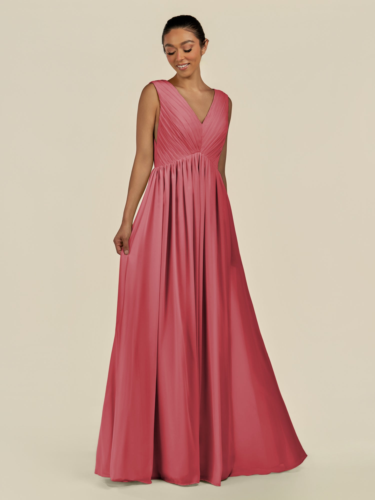 KissDress-Daryel Merlot A Line Chiffon V Neck Pleated Long Bridesmaid Dress