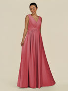 KissDress-Daryel Merlot A Line Chiffon V Neck Pleated Long Bridesmaid Dress