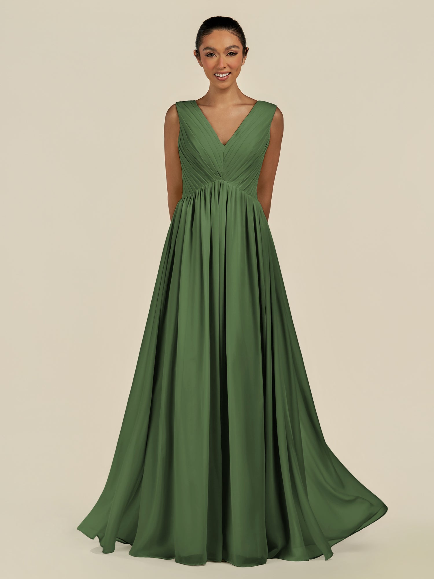 KissDress-Daryel Moss A Line Chiffon V Neck Pleated Long Bridesmaid Dress