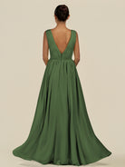 KissDress-Daryel Moss A Line Chiffon V Neck Pleated Long Bridesmaid Dress