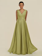KissDress-Daryel Moss Green A Line Chiffon V Neck Pleated Long Bridesmaid Dress