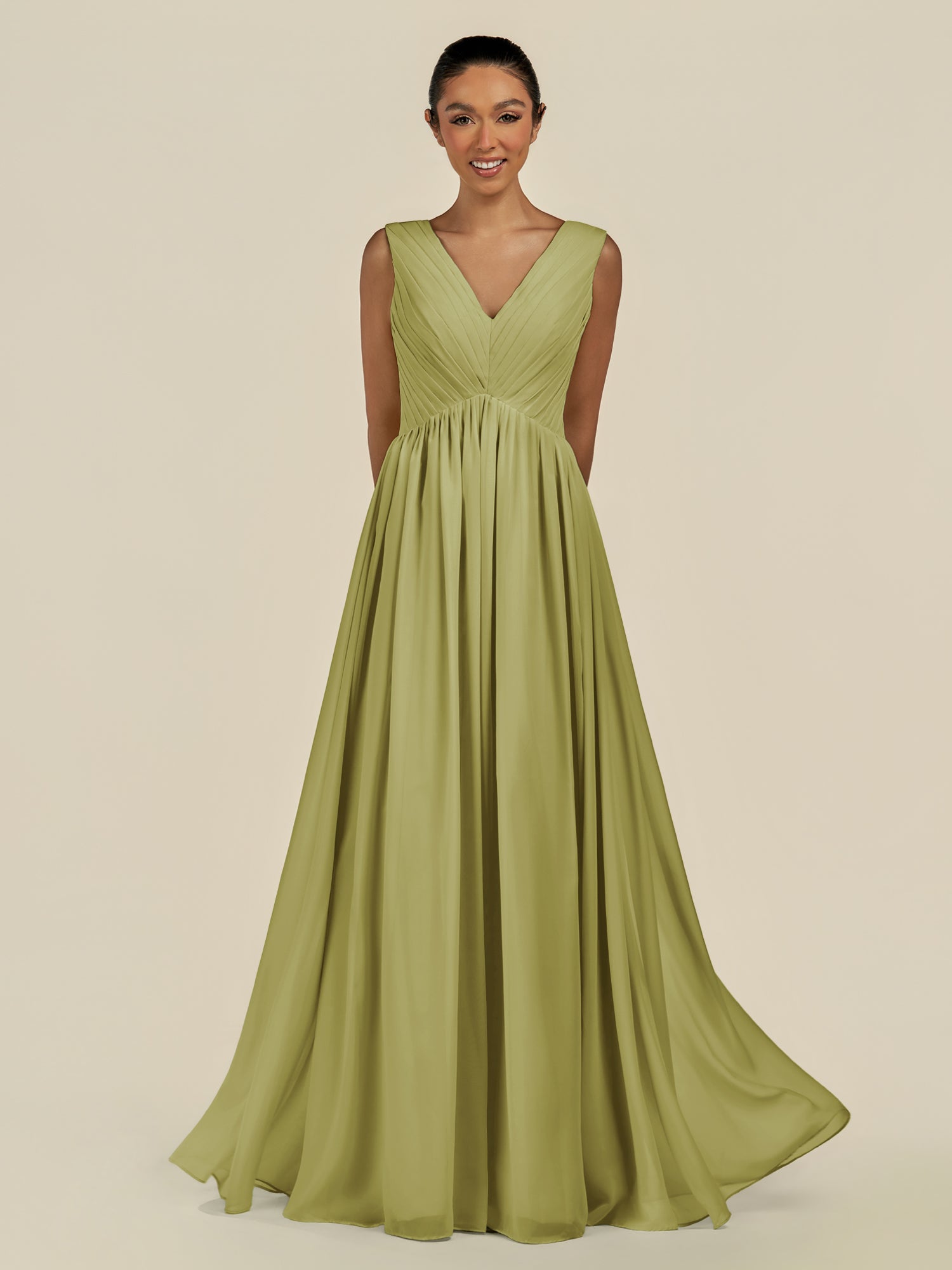 KissDress-Daryel Moss Green A Line Chiffon V Neck Pleated Long Bridesmaid Dress