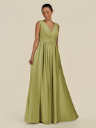 KissDress-Daryel Moss Green A Line Chiffon V Neck Pleated Long Bridesmaid Dress