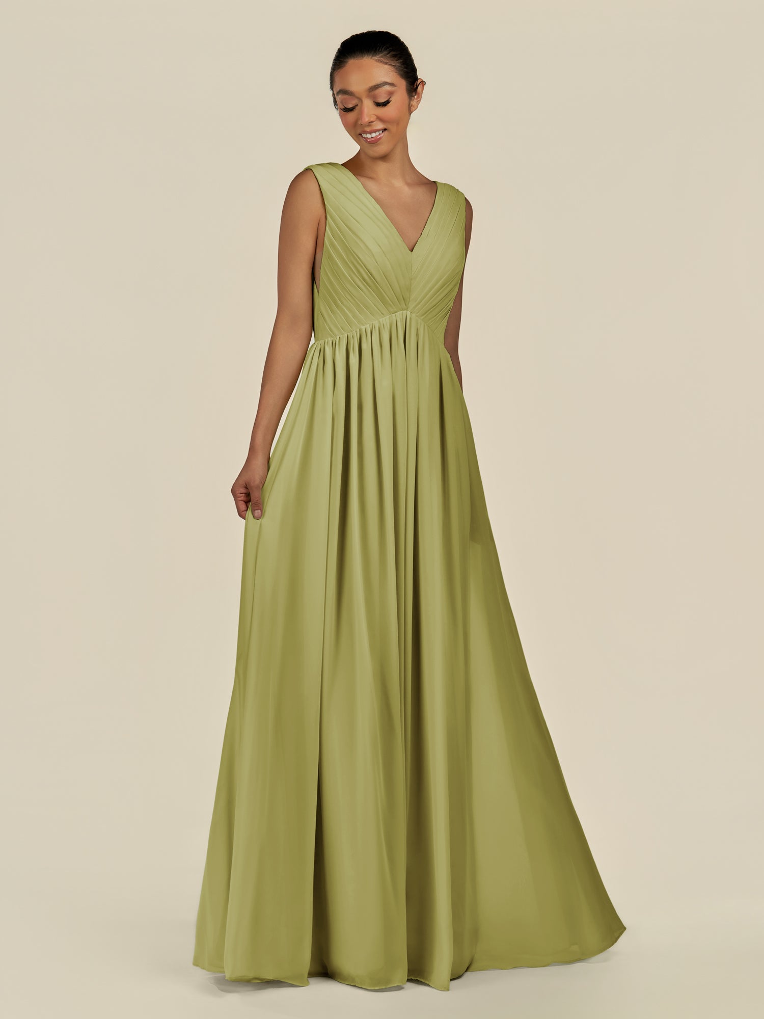 KissDress-Daryel Moss Green A Line Chiffon V Neck Pleated Long Bridesmaid Dress