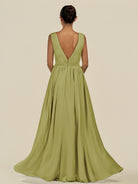 KissDress-Daryel Moss Green A Line Chiffon V Neck Pleated Long Bridesmaid Dress