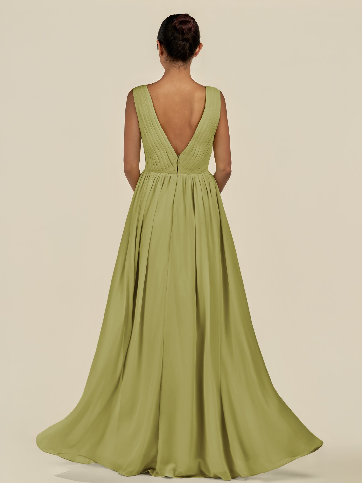 KissDress-Daryel Moss Green A Line Chiffon V Neck Pleated Long Bridesmaid Dress