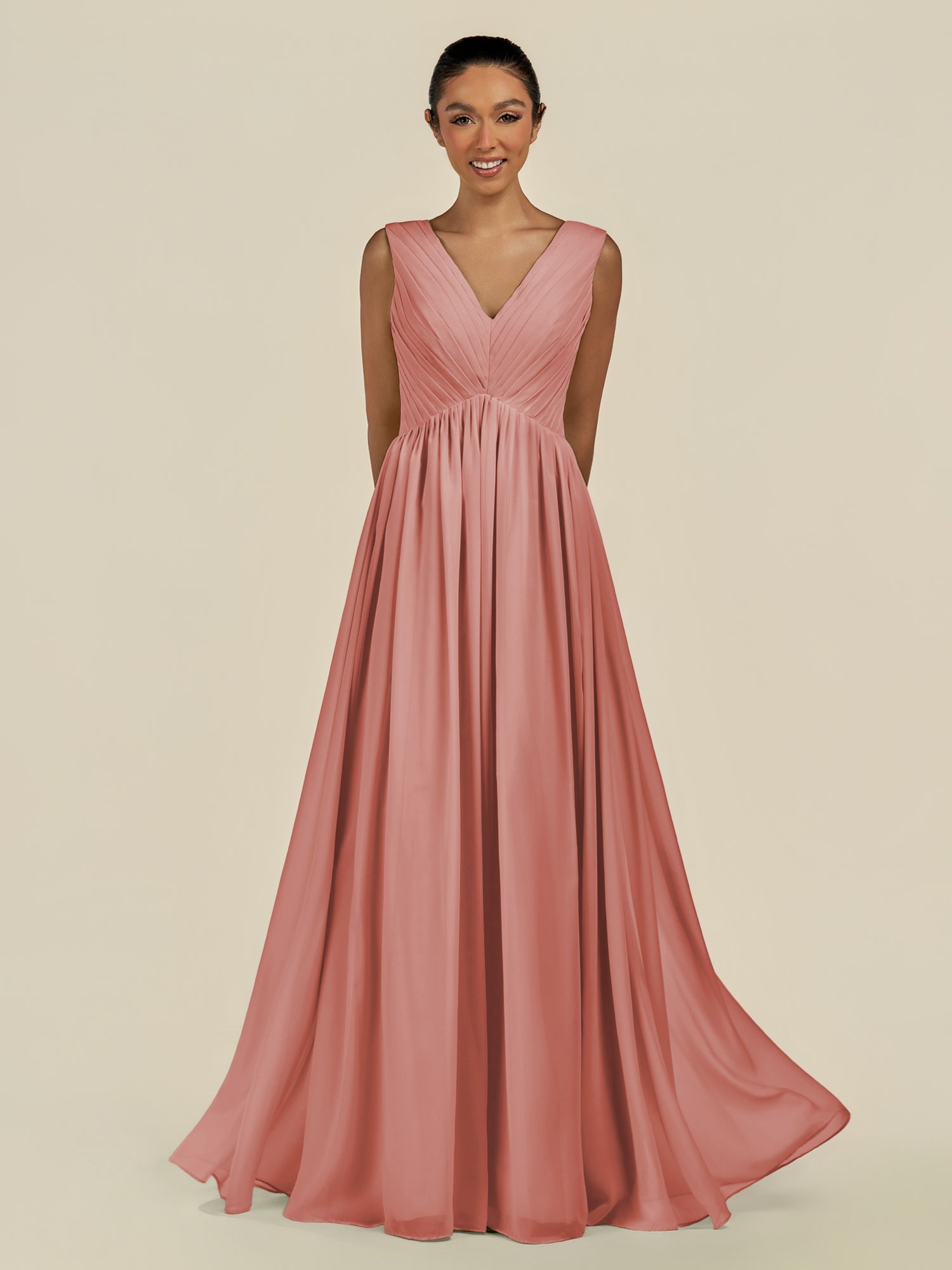 KissDress-Daryel Mulberry A Line Chiffon V Neck Pleated Long Bridesmaid Dress