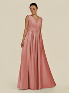 KissDress-Daryel Mulberry A Line Chiffon V Neck Pleated Long Bridesmaid Dress