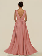 KissDress-Daryel Mulberry A Line Chiffon V Neck Pleated Long Bridesmaid Dress