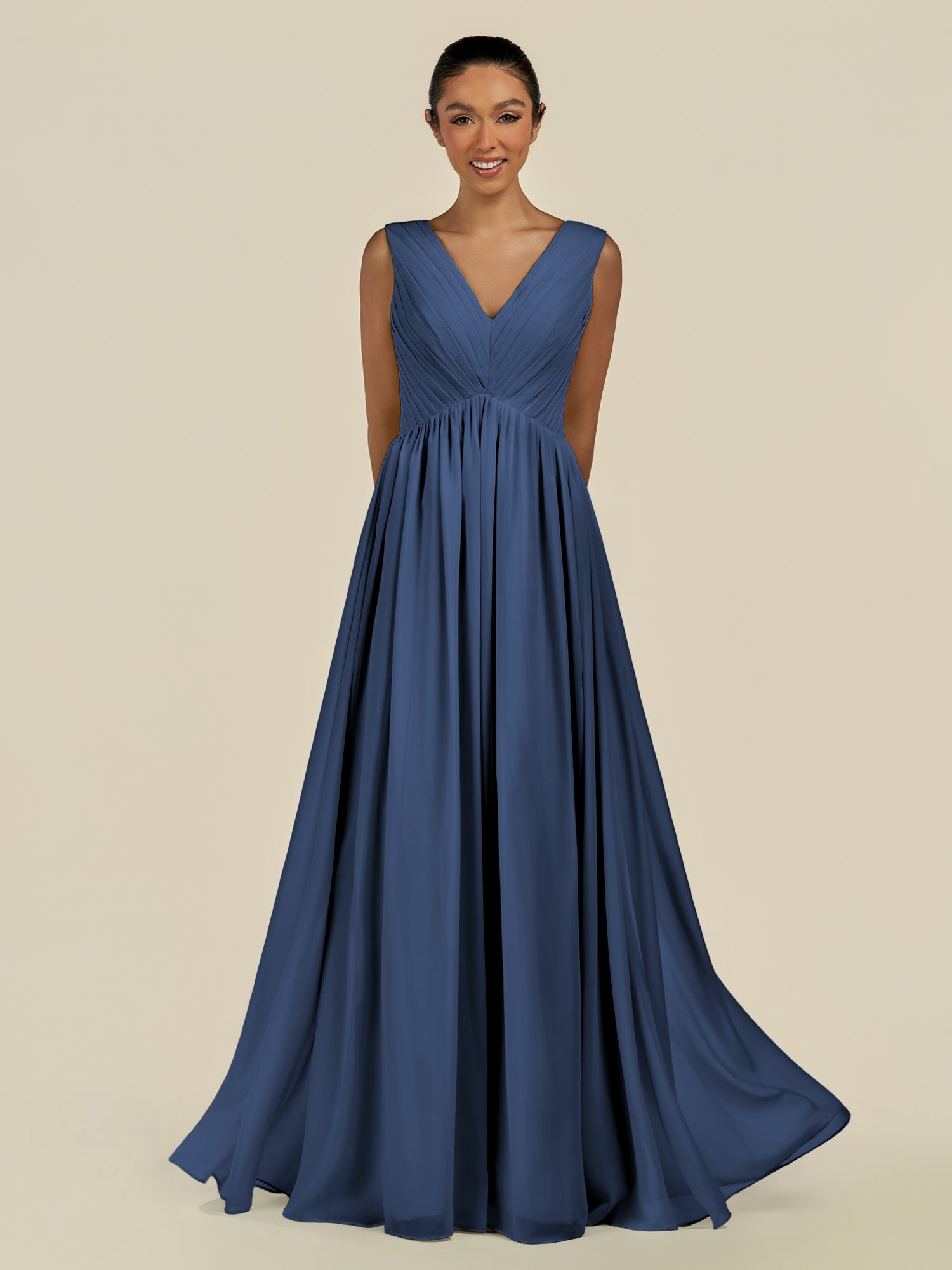 KissDress-Daryel Navy A Line Chiffon V Neck Pleated Long Bridesmaid Dress