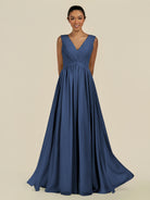 KissDress-Daryel Navy A Line Chiffon V Neck Pleated Long Bridesmaid Dress