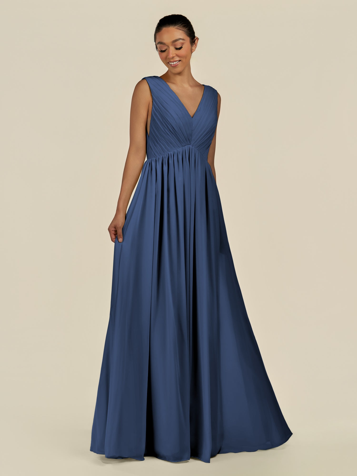 KissDress-Daryel Navy A Line Chiffon V Neck Pleated Long Bridesmaid Dress