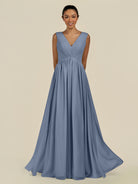 KissDress-Daryel Neptune A Line Chiffon V Neck Pleated Long Bridesmaid Dress