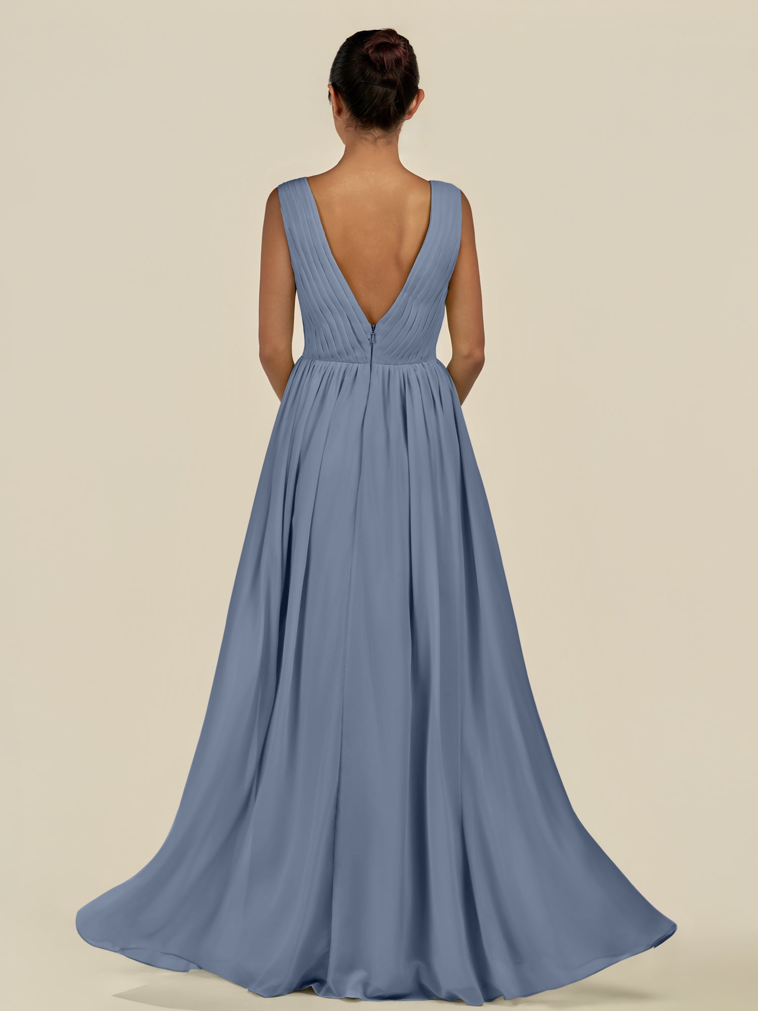 KissDress-Daryel Neptune A Line Chiffon V Neck Pleated Long Bridesmaid Dress