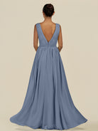 KissDress-Daryel Neptune A Line Chiffon V Neck Pleated Long Bridesmaid Dress