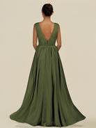 KissDress-Daryel Olive A Line Chiffon V Neck Pleated Long Bridesmaid Dress