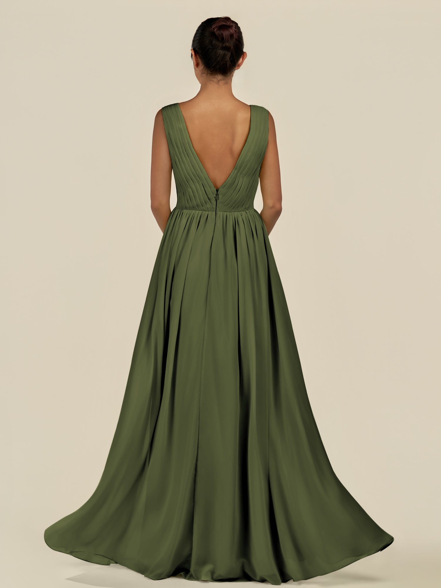 KissDress-Daryel Olive A Line Chiffon V Neck Pleated Long Bridesmaid Dress