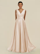 KissDress-Daryel Pale Blush A Line Chiffon V Neck Pleated Long Bridesmaid Dress