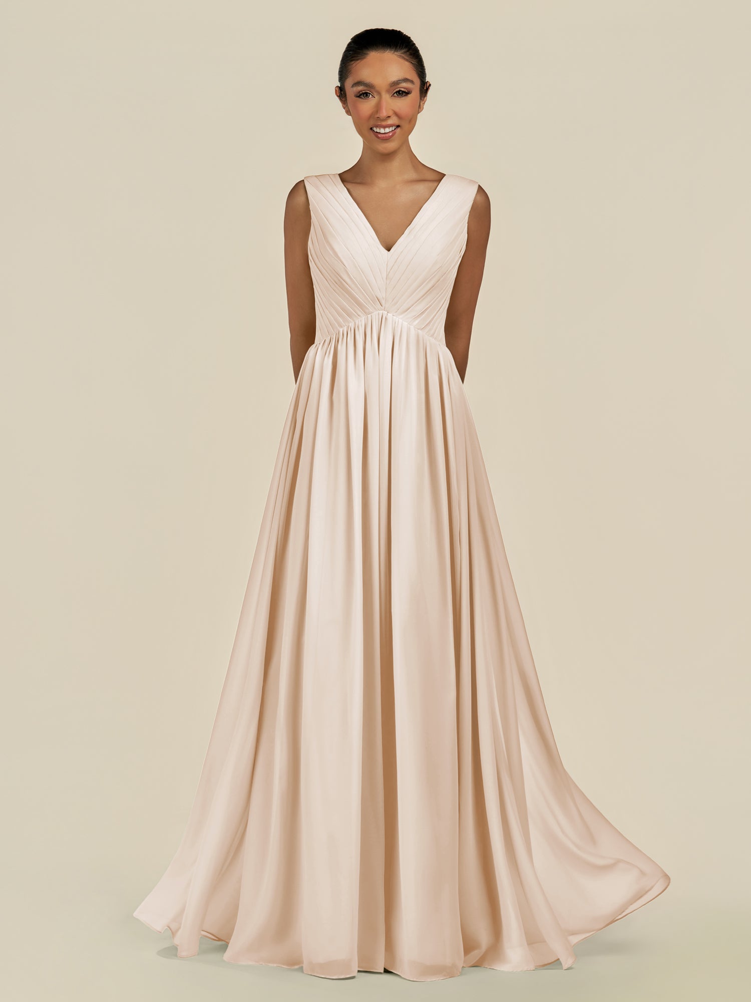 KissDress-Daryel Pale Blush A Line Chiffon V Neck Pleated Long Bridesmaid Dress