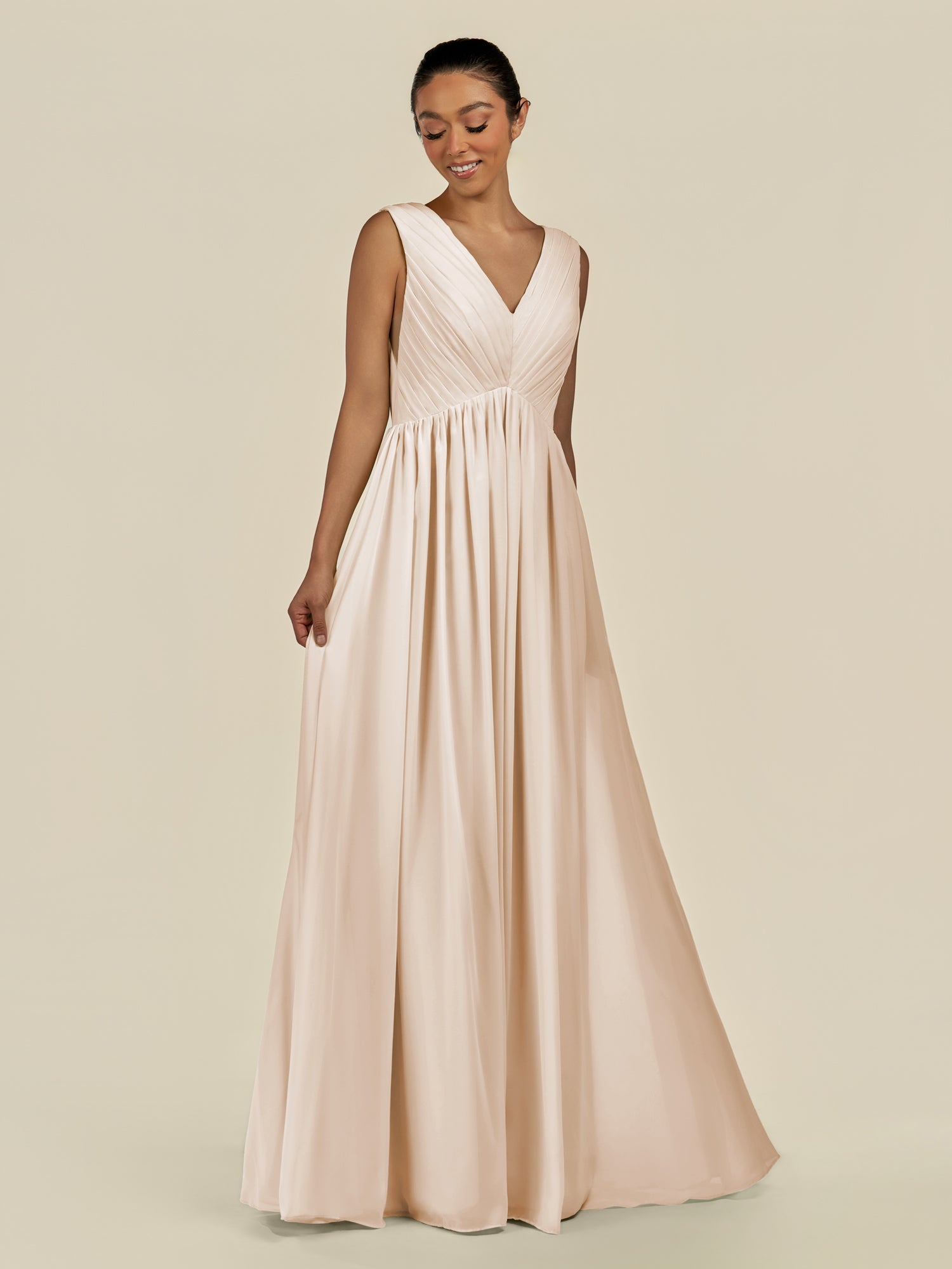 KissDress-Daryel Pale Blush A Line Chiffon V Neck Pleated Long Bridesmaid Dress